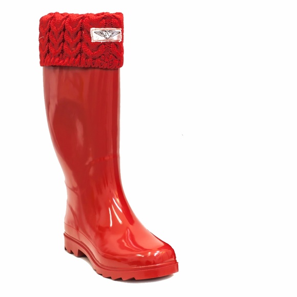 Women's Rainboots, Rubber Tall Rain Boots w Knitted Cuff, #3104, Red - Picture 2 of 3